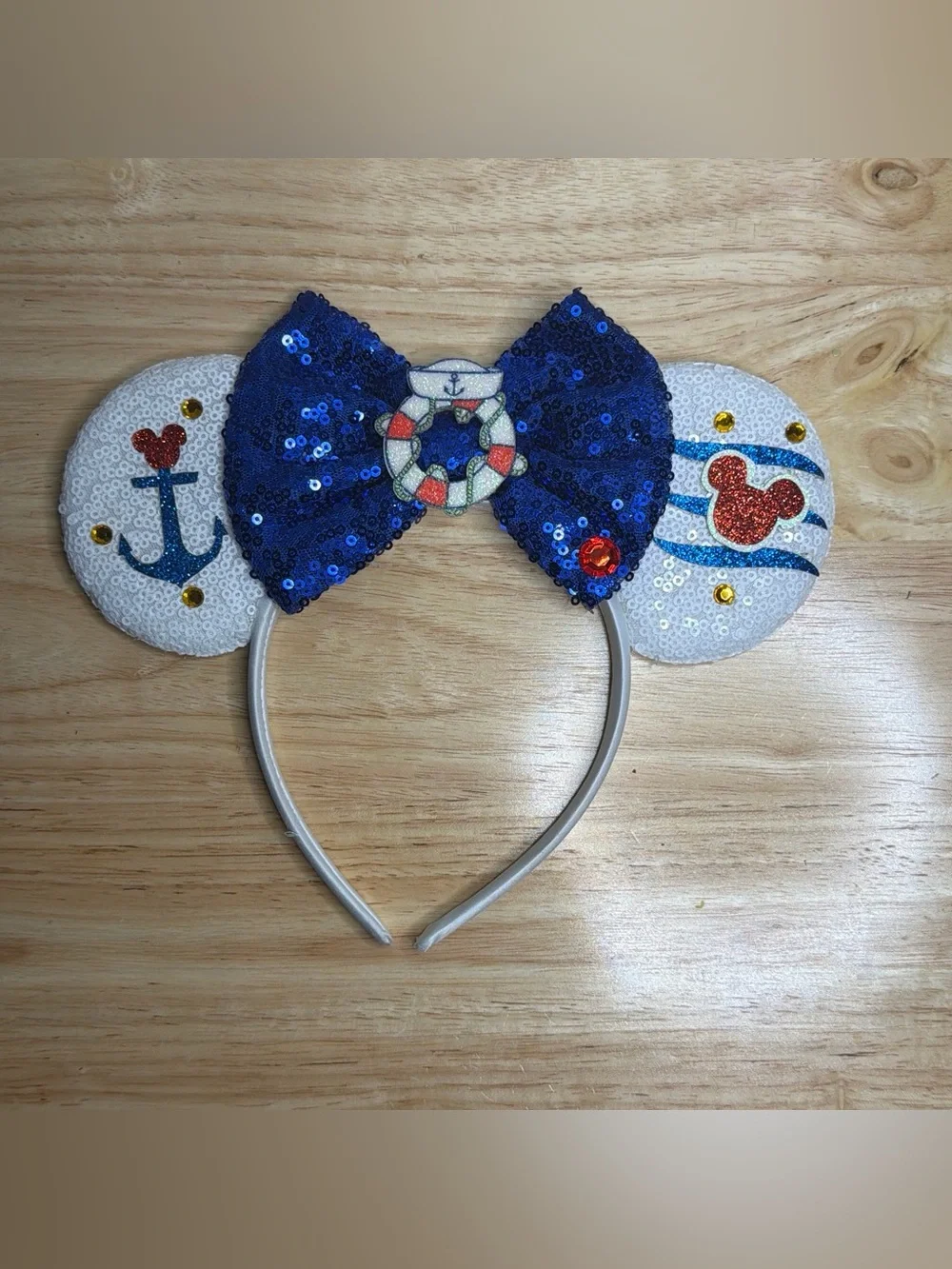Kids Sequin Nautical Mouse Ear Headband - Blue Bow
